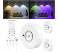 HOTUT Under Cabinet LED Lights With Remote, 3PCS RGB Wireless Battery Powered Puck Lights, Cupboard Timer, Stick-on Wardrobe, Under Counter Dimmable