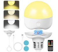 HOTUT USB Rechargeable Light Bulb with Timer and Remote, E27 Battery Powered Light Bulb for Lamp, 3 Color Temperature + 10%-100% Dimmable Battery Light Bulbs, Cordless Magnetic NightLight
