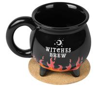 HOTUT Witches Brew Cauldron Mug,Witches Brew Coffee Mug with Coaster,Gothic Tea Cup with Flame Effect,Halloween Witchy Mugs,Funny Mugs for Christmas,Halloween,Birthday Presents (Black)
