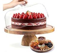 Houbobo 12 Inch Cake Stand with Dome Lid, Acacia Wood Cake Board with Acrylic Dome Cover, Versatile Wooden Dessert Table Display Set & Charcuterie Board for Birthdays, Weddings, Parties, Baking Gifts