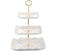 Houbobo 3 Tier Porcelain Cake Stand, Square Dessert Cupcake Stand Tower with God Rod, Ceramic Tiered Serving Tray for Tea Party/Birthday/Wedding