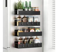Houbobo 4 Pack Magnetic Spice Storage Rack Organiser for Refrigerator and Oven, Black Moveable Magnetic Shelf with 8 Hooks for Kitchen Fridge and Oven Organisation