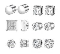 Houbobo 6 Pairs Stainless Steel Magnetic Stud Earrings for Men Women, Unisex Non Piercing Magnet Studs 6 to 8MM, Shiny Round Cubic Zirconia Diamond Stud Earrings Not Easy to Fall off