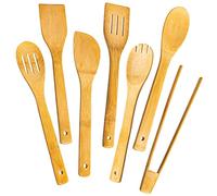 Houbobo 7-Piece Wooden Spoons for Cooking, Natural Wooden Cooking Utensils Set with Spoons, Spatula and Kitchen Tongs, Premium Kitchen Nonstick Utensils Set for Home, Apartment