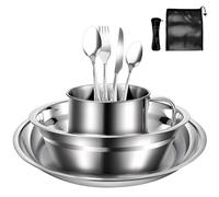 Houbobo 9Pcs Stainless Steel Utensils Camping Cutlery Set with Bowl Plate Cup Fork Knife and Spoons, Portable Tableware Kit for Outdoor Camping Hiking Picnic and Travel