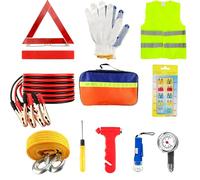 Houbobo Car Emergency Kit, 11PCS European Driving Travel Kits, Roadside Safety Tool Kit with Jump Leads, Warning Triangle, Hi-Vis Vest, Emergency Hammer, Tyre Pressure Gauge, Flashlight for Women Men