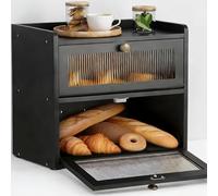 Houbobo Double Decker Bread Bin - Wooden Bread Box for Kitchen Countertop, Large Kitchen Countertop Food Organiser, Stylish Bread Storage Container with Acrylic Window, 36.5x24x34 cm, Black