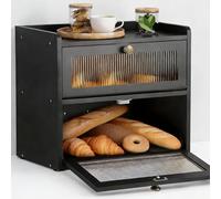 Houbobo Double Decker Bread Bin - Wooden Bread Box for Kitchen Countertop, Large Kitchen Countertop Food Organiser, Stylish Bread Storage Container with Acrylic Window, 36.5x24x34 cm, Black