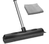 Houbobo Rubber Broom for Pet Hair Carpet, 121cm Adjustable Metal Handle, 34cm Wide Rubber Brush with Built-in Squeegee, Includes 1 Microfiber Cloth, Sweeping Brush for Carpet, Kitchen Floor Cleaning