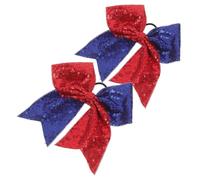 HOUDERCO 2pcs Glitter Sequin Hair Bow Elastic Ponytail Holder in Blue and Red with Embroidered Sequins and Webbing Material, Firm Hold and Non-slip Design for Teen Cheerleaders at Games