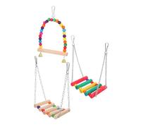 HOUDERCO 3Pcs Parrot Swing Set Colorful Wooden Chewing Perch with Bells Climbing Ladder Hammock for Interactive Playtime Healthy Activity Boredom Breaker for Birds