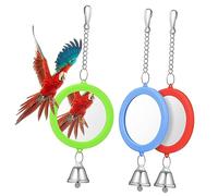 HOUDERCO 3Pcs Round Bird Mirrors with Bells Double Sided Cage Accessories for Parrots Parakeets and Cockatiels Engaging Reflection for Bird Interaction and Play