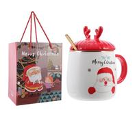 HOUDERCO Christmas Ceramic Coffee Cup with Lid and Spoon in Decorative Box, for Christmas Party and Anniversary, Holiday Drinkware with Cute Deer Antlers Design