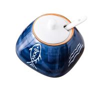 HOUDERCO Creative Hand-Painted Ceramic Seasoning Pot with Lid and Spoon, Japanese Style Blue Kitchen Spice Jar, Strong and Safe Material, for Home and Restaurant Use