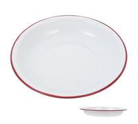 HOUDERCO Deep Enamel Plate 18cm Thickened Red Rim Vintage Style Sturdy Metal Serving Bowl for Soup Salad Fruit Outdoor Picnic Kitchen