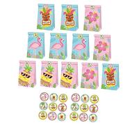 HOUDERCO Hawaiian Flamingo Theme Paper Gift Bags Food Grade Storage Pouches with Unique Summer Patterns Eco Friendly Degradable Party Pouches for Dry Food Packaging with Stickers
