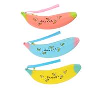 HOUDERCO Lovely Banana Shape Pen Case 3pcs Set with Letter Design, Silicone Pencil Storage Bags for Students, Pink Yellow Blue, Cute School Supplies Organizer for Girls