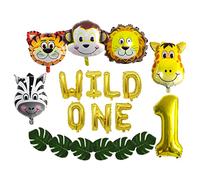 Houhounb 1 Year Jungle Birthday Decoration Wild One Animal Children's Birthday Decoration Animals Foil Balloon Balloons with Palm Leaves for Decoration Boy Girl 1st Birthday Jungle Baby Shower