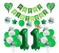 Houhounb 11th Birthday Decoration Set, 37pcs Green Balloons, Banners & Ribbons, Happy Birthday Party Pack for Boys & Girls