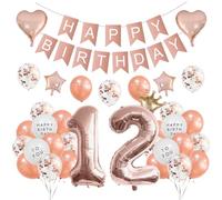 Houhounb 12th Birthday Decoration - 12 Years Party Balloons, Banner, Latex Balloons for Boy & Girl - Rose Gold