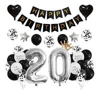 Houhounb 20th Birthday Decoration 20th Party Balloons Happy Birthday Banner Latex Balloon Balloon for Decoration Boy Girl Birthday, Black and Silver