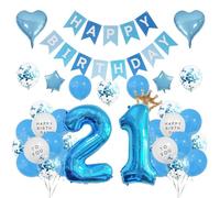 Houhounb 21st Birthday Decoration Set, 37pcs Blue Balloons, Banners & Ribbons, Happy Birthday Party Pack for Adults, Unisex