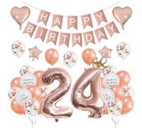 Houhounb 24th Birthday Decoration - 24 Years Party Balloons, Banner, Latex Balloons for Boy & Girl - Rose Gold