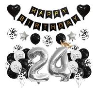 Houhounb 24th Birthday Decoration 24th Party Balloons Happy Birthday Banner Latex Balloon Balloon for Decoration Boy Girl Birthday, Black and Silver