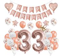 Houhounb 33rd Birthday Decoration Set: 33 Years, Rose Gold, Happy Birthday Banner, Latex & Foil Balloons, Monogram & Mini Crown, 5m Ribbon