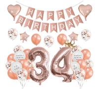 Houhounb 34th Birthday Decoration - 34 Years Party Balloons, Banner, Latex Balloons for Boy & Girl, Rose Gold