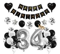 Houhounb 34th Birthday Decoration 34th Party Balloons Happy Birthday Banner Latex Balloon Balloon for Decoration Boy Girl Birthday, Black and Silver