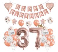 Houhounb 37th Birthday Decoration Set - Rose Gold Theme, Happy Birthday Banner, Latex & Foil Balloons, Monogram & Mini Crown Balloons