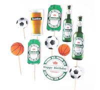 Houhounb 5 Sets Green Beer Bottle Cake Decoration Basketball Football Cake Topper Happy Birthday Cake Decoration for Summer Cool Theme Birthday Party Decorations