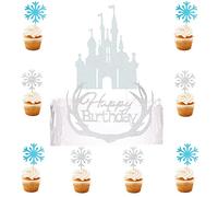 Houhounb Castle Cake Decoration Antlers Happy Birthday Cake Topper and Frozen Glitter Decoration with Snowflake for Birthday Cake Decoration Christmas Cake Decoration Wedding Cake Topper Silver Blue