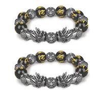 Houhounb Chinese Pi Xiu Bracelet Feng Shui Bead Bracelet Black Obsidian Pixiu Bracelet With Tiger Eye And Double Pixiu Lucky Brave Troop Charms Jewelry For Luck Wealth, 2 Pieces,A-5