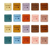 Houhounb Handmade Fabric Labels Tags Square Sewing Cloth Labels Leather Label Sewing with 4 Holes Hand Made with Love Label for DIY Sewing, Hat, Bag, Clothing Decor, 2.5 x 2.5 cm, 50 Pieces