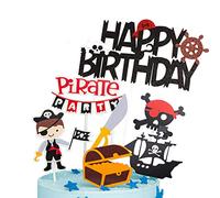 Houhounb Pirate Cake Topper Set Happy Birthday Cake Toppers Pirate Cake Topper Pirate Ship Treasure Chest Cake Topper Cupcake for Children Girls Boys Halloween Party Muffin Decoration, Pack of 13