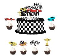 Houhounb Racing Theme Party Decoration Set Formula 1 Competition Cake Topper 1 Large Happy Birthday Cake Topper and 24pcs Cake Topper Cupcake Picks for Themed Racing Car Birthday Party Decorations