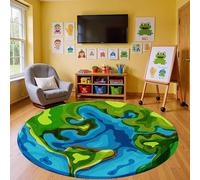 Houient Earth Pattern Round Area Rug, 150cm, Outer Space Bird's-Eye View Earth Blue Green Planet Circular Carpet, Low Pile Non-Shedding Kids Adventure Mat for Children Room Playroom