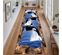 Houient Killer Whale Carpet, 80x220cm, Black and White Orca Jumping to Navy Blue Sea Level Reef Rock Border Runner Rug, Ultra-Thin Foldable Coastal Rugs for Bedroom Kitchen Living Room