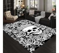 Houient Large Skull Rugs for Living Room, 70x140cm, Black and White Floral Rose Sugar Skull Skeleton King Crown Print Area Rug, Soft Foldable Vintage Spooky Carpets for Bedroom Bedside