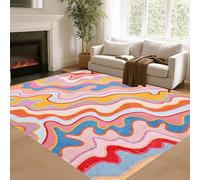 Houient Modern Abstract Area Rug, 70x140cm, Moroccan Vibrant Rainbow Colorful Irregular Striped Carpet, Premium Breathable Boho Pink Home Decor Floor Mat for Living Room Bedroom Dorm