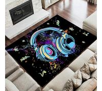 Houient Music Themed Carpets, 160x200cm, Cool Abstract Colorful Graffiti Music Headphones Musical Notes Area Rugs, Lightweight Foldable Large Gaming Rug for Playroom Bedside Dining Room