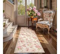 Houient Oriental Printed Traditional Rug, 120x300cm, Pink Rose Floral Shabby Chic Romantic Watercolor Botanical Mat, Rubber Backing Washable Rugs for Kitchen Entryway Living Bedroom