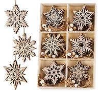 HOUISM 24pcs Christmas Snowflakes Ornaments Wooden Tree Hanging Decorations Rustic Wood Crafts Snowflakes Cut-outs Embellishments, ⌀7.5cm