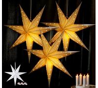 HOUISM 3PCS LED Paper Star Lanterns, Hanging Paper Star Lampshades - Christmas Window Lights Decorations for Wedding Party Home (3*Fairy Lights Incl.)