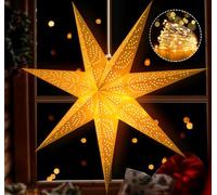 HOUISM 70cm Large Christmas Paper Star Lantern Lampshade with 2×1.5m Warm White Fairy Lights - Extra Big Foldable Hanging Pentagram Light for Xmas Tree, Fireplace Mantel, Wedding, Party, Porch Decor