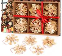 HOUISM Festive Christmas Tree Decorations, 24-Piece Natural Straw Stars and Snowflake Ornaments, Retro Pendant for Christmas Decoration, 8 cm Diameter, With Fine Wooden