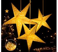 HOUÍSM Paper Lantern with Fairy String Lights(30LED/1.5M), White Star Moon Cut-Out Paper Lantern with 3 Sizes- 30/40/50cm for Indoor/Outdoor Room Wedding/Christmas Party Decor