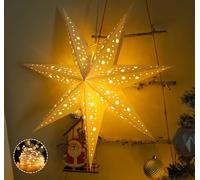 HOUISM Paper Star Lanterns Christmas Hanging Paper Star Lampshade, Christmas Window Lights Decorations White Hanging Stars for Xmas Wedding Party Home - 3PCS with 3*Fairy Lights